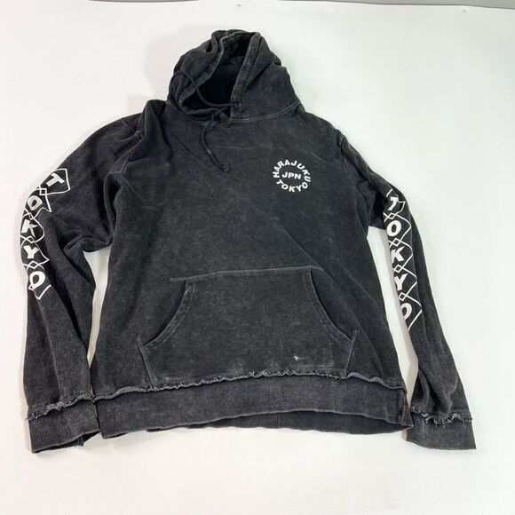 Cotton on HARAJUKU JPN TOKYO Sweatshirts Mens Large Acid Black Hooded Distressed - Picture 1 of 9